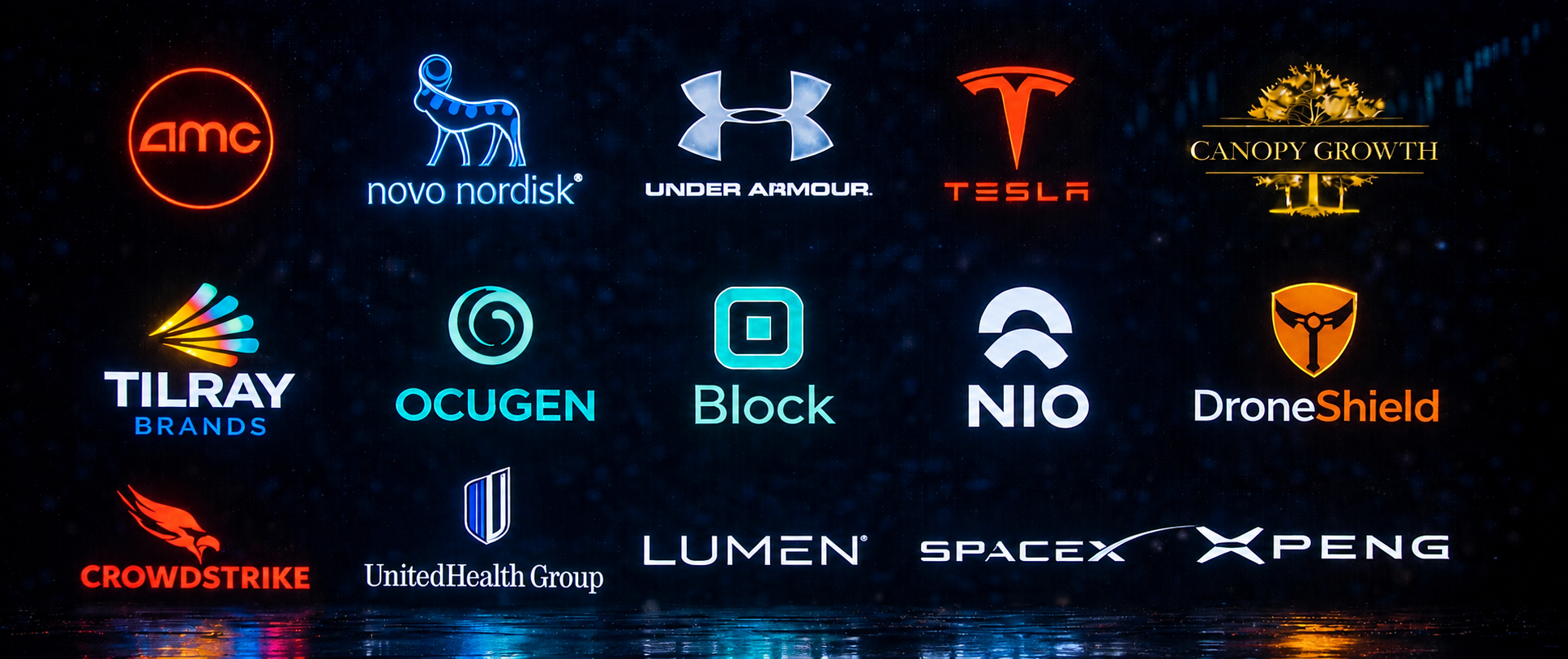 Die fünfzehn Titel der LIVE Charts: AMC, Novo Nordisk, Under Armour, Tesla, Canopy Growth, Tilray, Ocugen, Block, NIO, DroneShield, CrowdStrike, UnitedHealth, Lumen, SpaceX und Xpeng